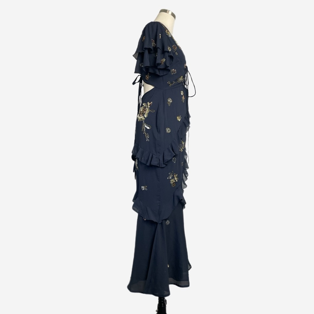 ASOS DESIGN ruffle detail short sleeve embellished midi dress in navy floral 6P - Picture 6 of 14